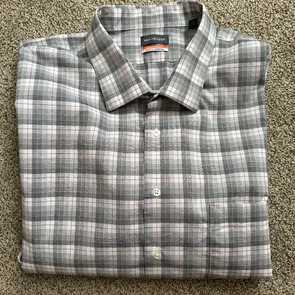 Van Heusen Shirts | Vanheusen Gray Big Fit Stretch Long Sleeve Dress Shirt Size 19 34/35 #570 | Color: Gray/Red | Size: 19, 34/35 | Lstrobridge's